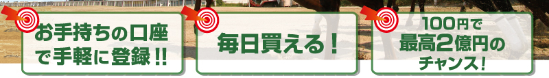 お手持ちの口座で手軽に登録!!毎日買える!!100円で最高2億円のチャンス!!