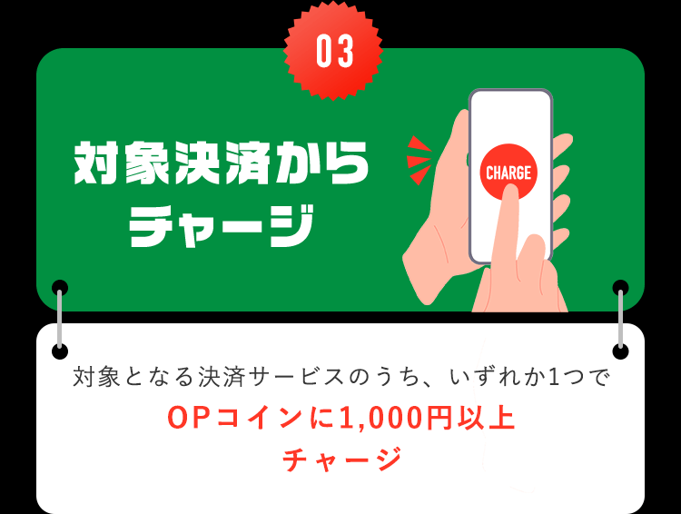 【03対象決済からチャージ】対象となる決済サービスのうち、いずれか1つでOPコインに1,000円以上チャージ