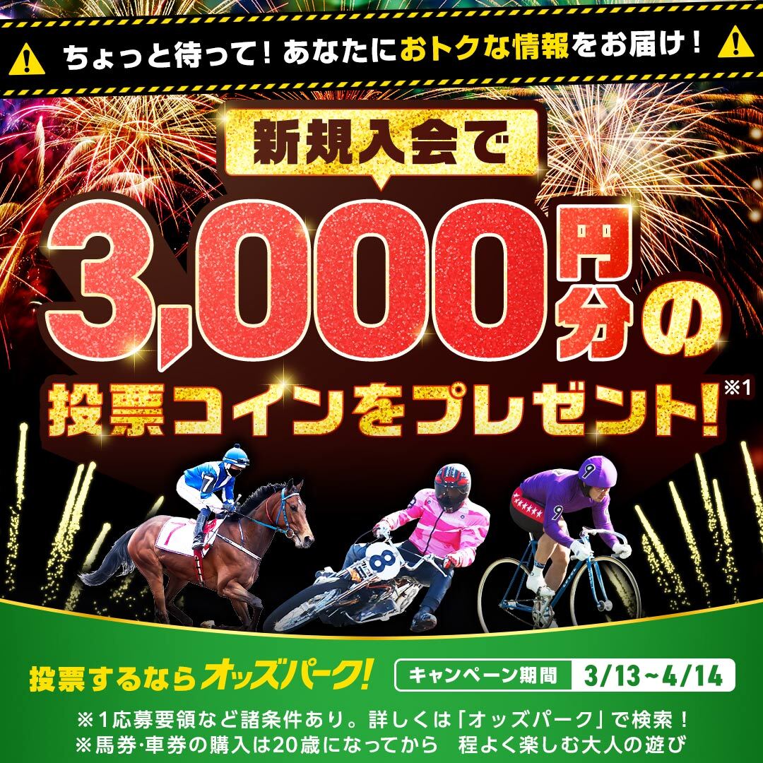 ちょっと待って！あなたにおトクな情報をお届け！新規入会で3,000円分の投票コインをプレゼント！