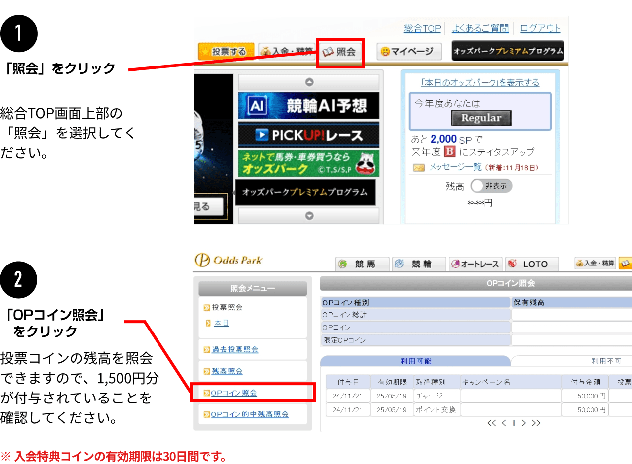 1.照会をクリック 総合TOP画面上部の「照会」を選択してください。2.「OPコイン照会」をクリック 投票コインの残高を照会できますので、1,000円分が付与されていることを確認してください。
