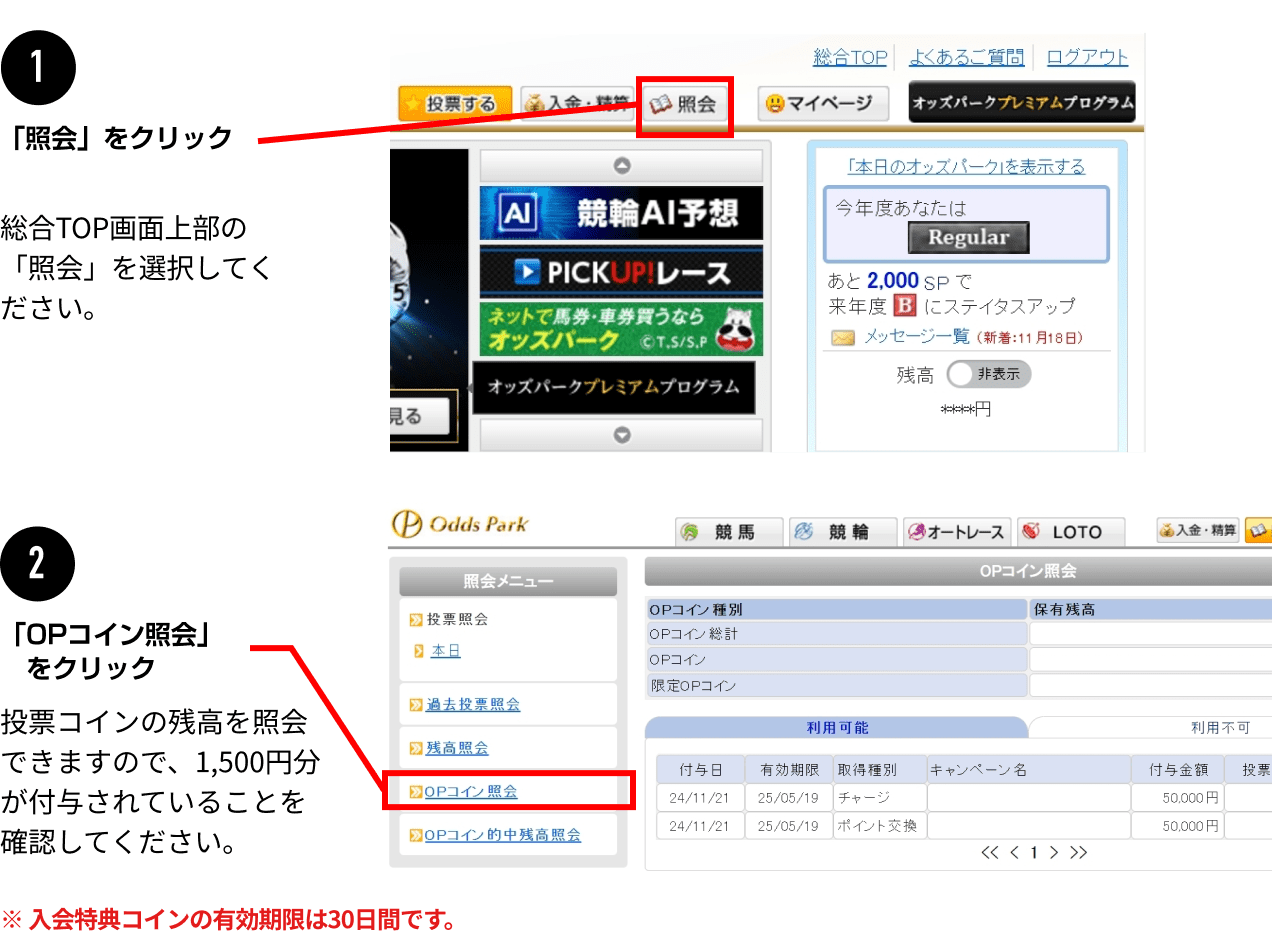1.照会をクリック 総合TOP画面上部の「照会」を選択してください。2.「OPコイン照会」をクリック 投票コインの残高を照会できますので、1,500円分が付与されていることを確認してください。