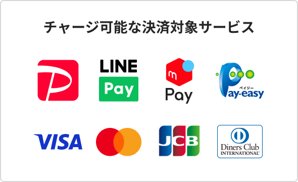 チャージ可能な決済対象サービス PayPay、LINE Pay、メルペイ、ペイジー、VISA、マスターカード、JCBカード、ダイナースクラブカード